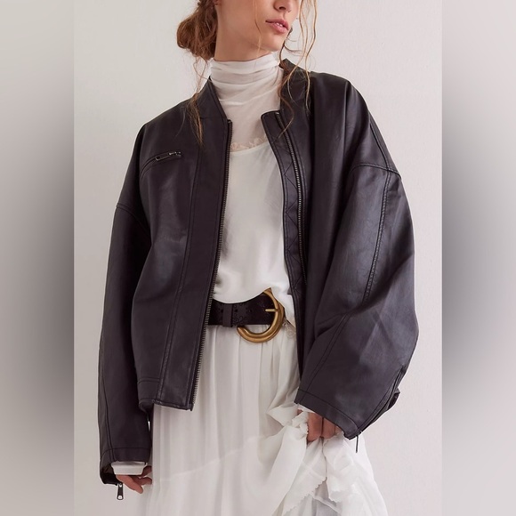 FREE PEOPLE NEW Vinny Vegan Black Bomber L - Picture 1 of 9